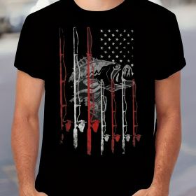 Retro Style Fishing Rod And Innovative American Flag Pattern Round Neck And Short Sleeved T-shirt (Color: Black, size: M)